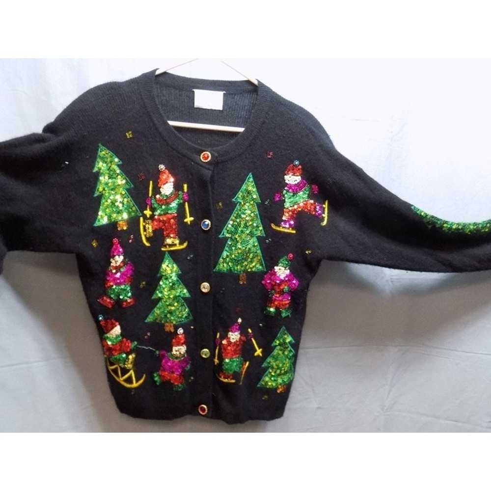 Marisa Christina Christmas Sweater Med Sequins Bugle Beads Wool Rabbit Vtg Ugly